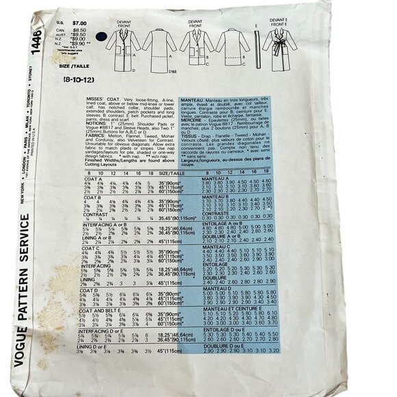 Vogue's Basic Design Coat Pattern 1446 Sizes 8-10-12 Misses Long & Short Coat Op - Picture 2 of 2